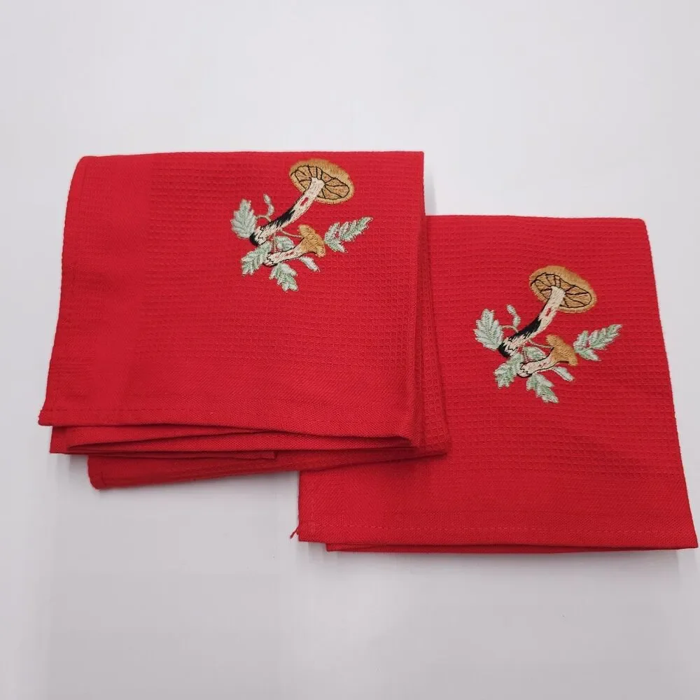Vintage Towel Set of 2 Red Mushroom Embroidered 28x20 Champagne & Eggs Cotton